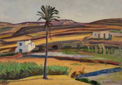 Mill, Landscape with Palms — Oil painting, Fiberboard, 35.00×50.00cm — Theodoros Markellos